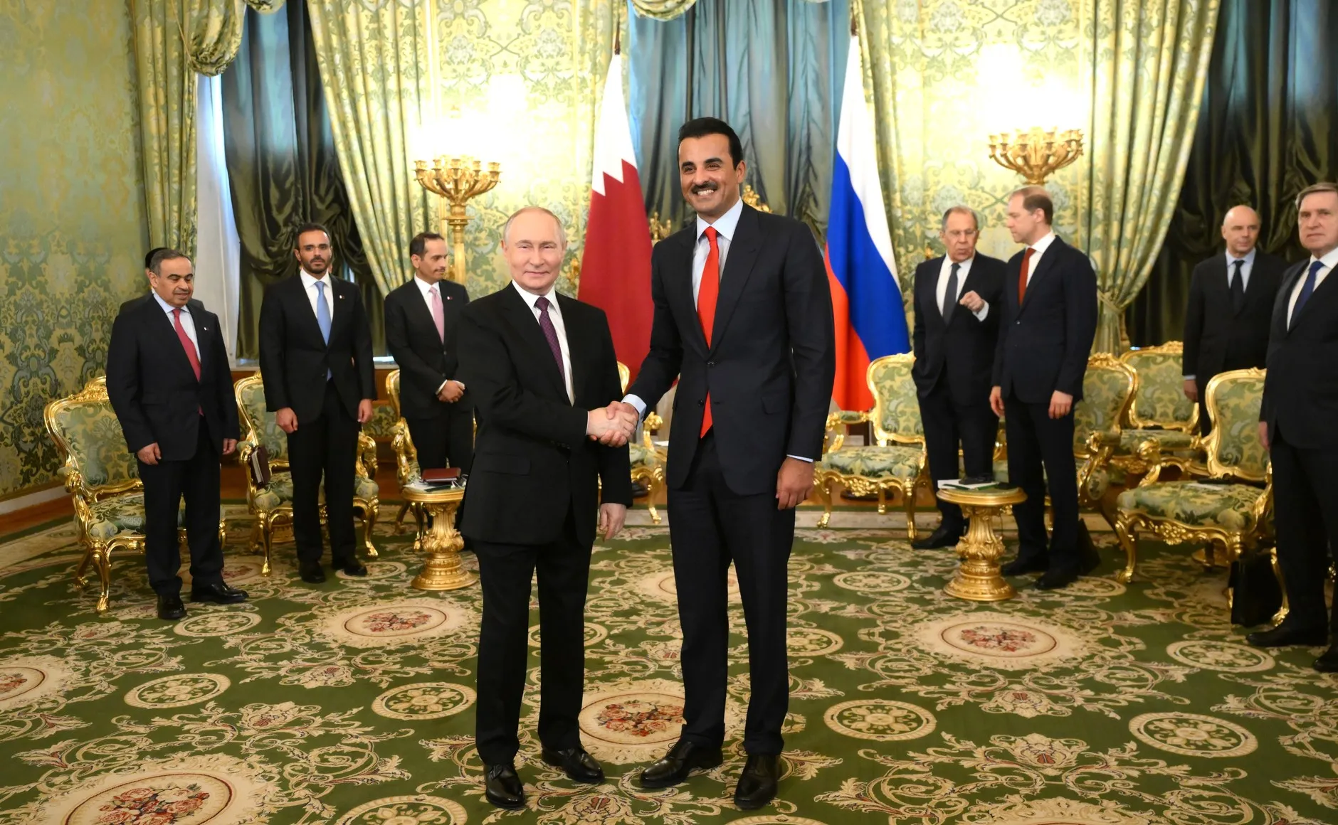 Vladimir Putin and the Emir of Qatar, Sheikh Tamim bin Hamad Al Thani, during the emir’s official visit to Moscow, 17 April 2025. Photo: kremlin.ru. Licence: CC BY 4.0 (attribution to kremlin.ru required). Source: Wikimedia Commons
