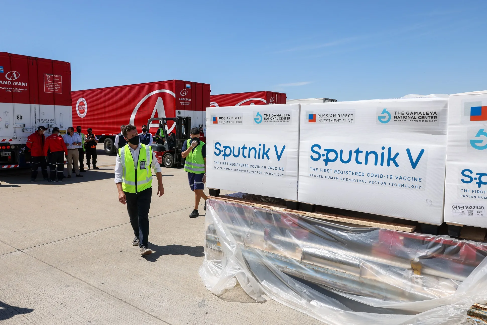 The first consignment of Sputnik V arrives in Argentina, 24 December 2020; the crates carry the logos of the Russian Direct Investment Fund and the Gamaleya Centre. Photo: Casa Rosada (Argentine presidency). Licence: CC BY 2.5 AR. Source: Wikimedia Commons